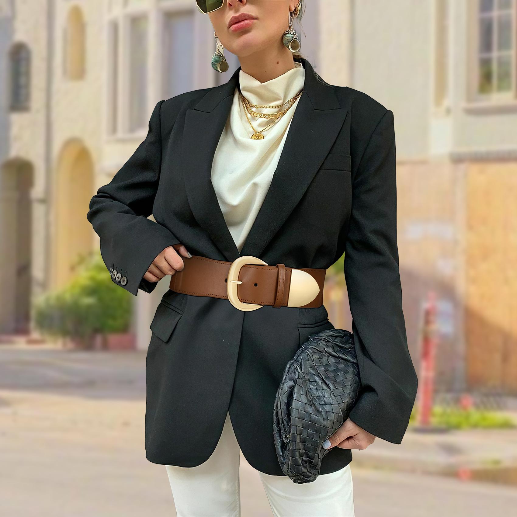 SUOSDEY Women Wide Elastic Waist Belt for Dresses Fashion Gold Buckle Stretchy Leather Waistband for Ladies