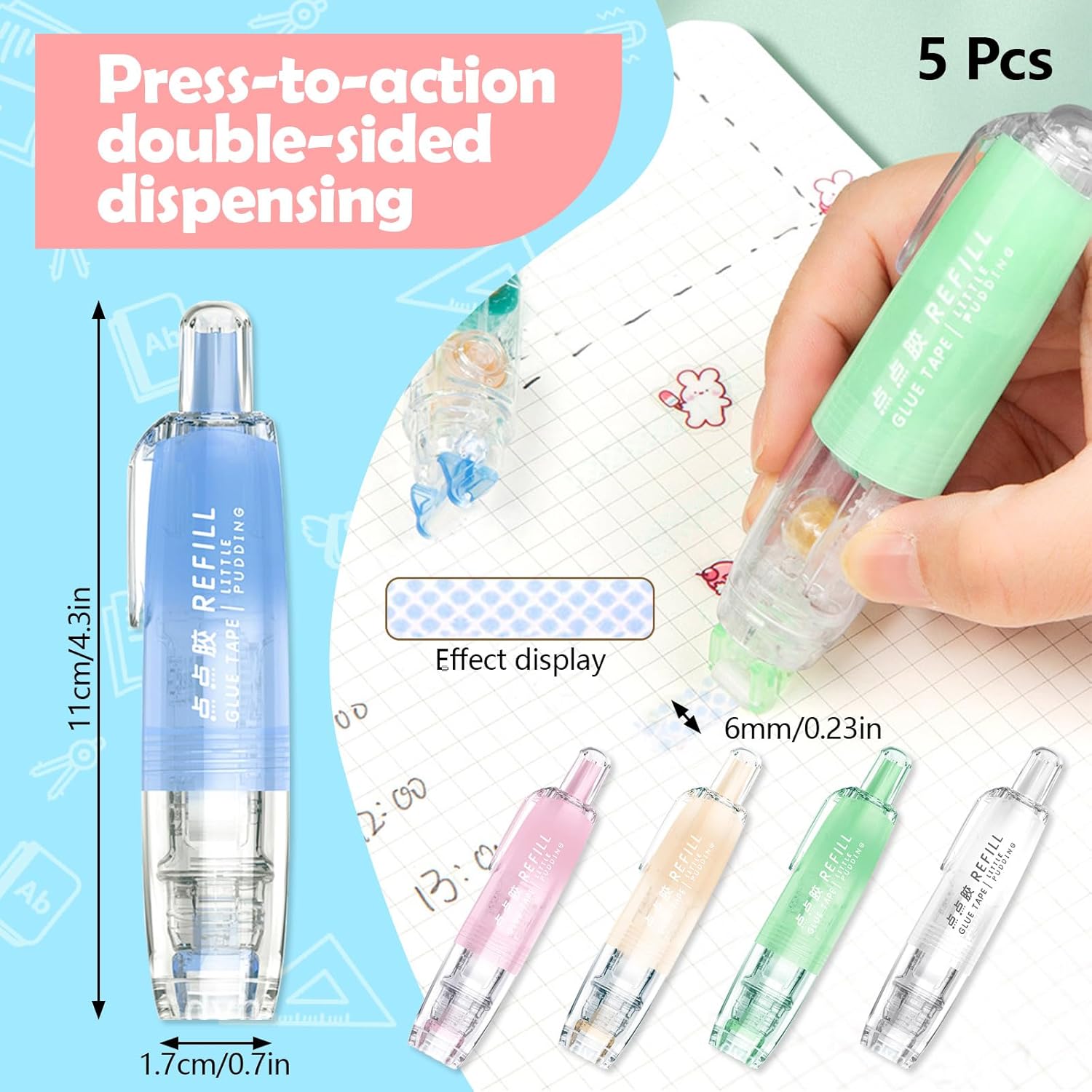 5 Pack Retractable Double Sided Tape Runner, Refillable Adhesive Tape Roller 0.23 Inch x 16.40 Ft, Glue Tape Roller with 360° Rotatable Tip for Scrapbook Supplies DIY Accessories (5 Colors)