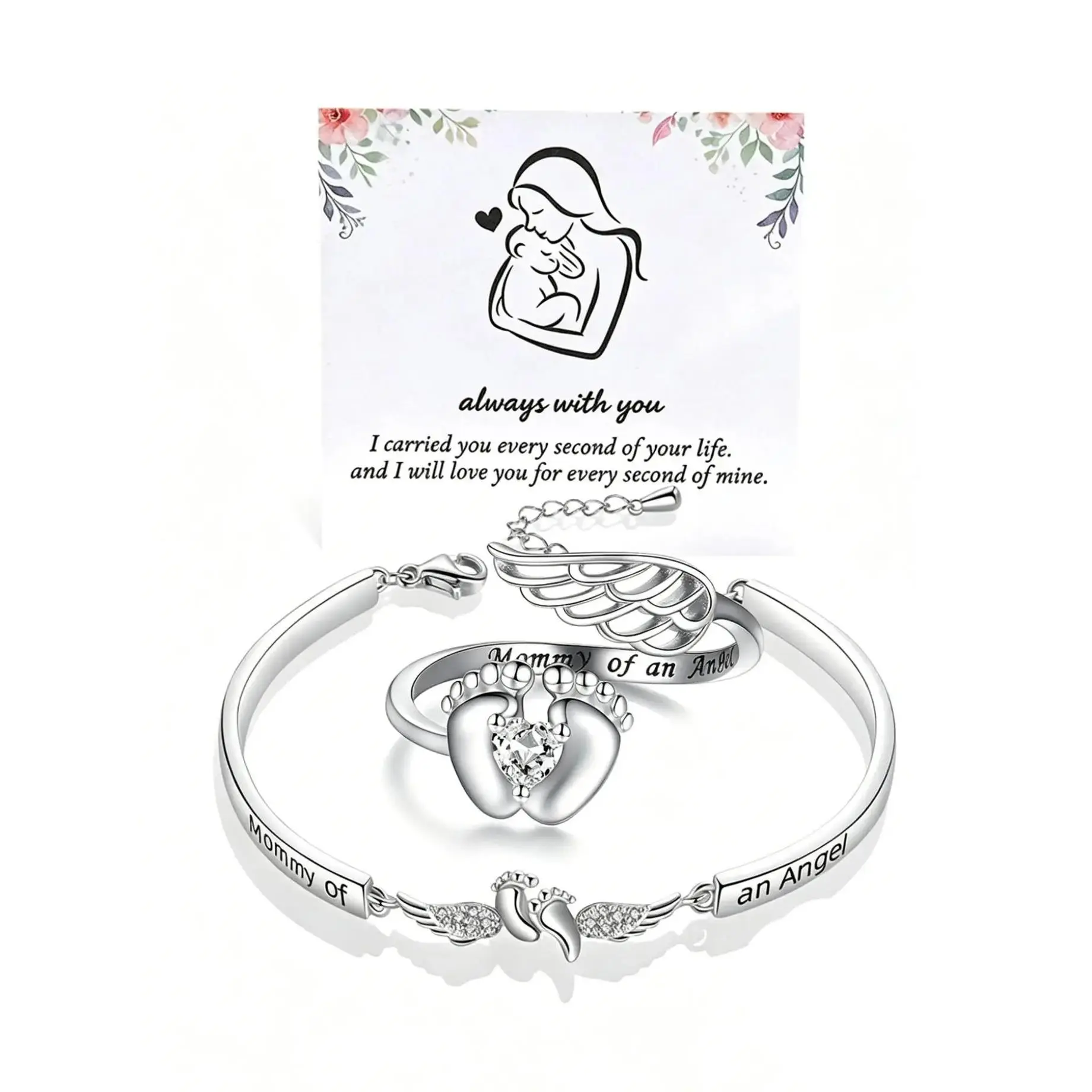 Angel Mom Memorial Elegant Jewellery Gift Set, Baby Footprint Wings Bracelet and Ring, Comfort Gift for Bereaved Mothers, Mother's Day Keepsake