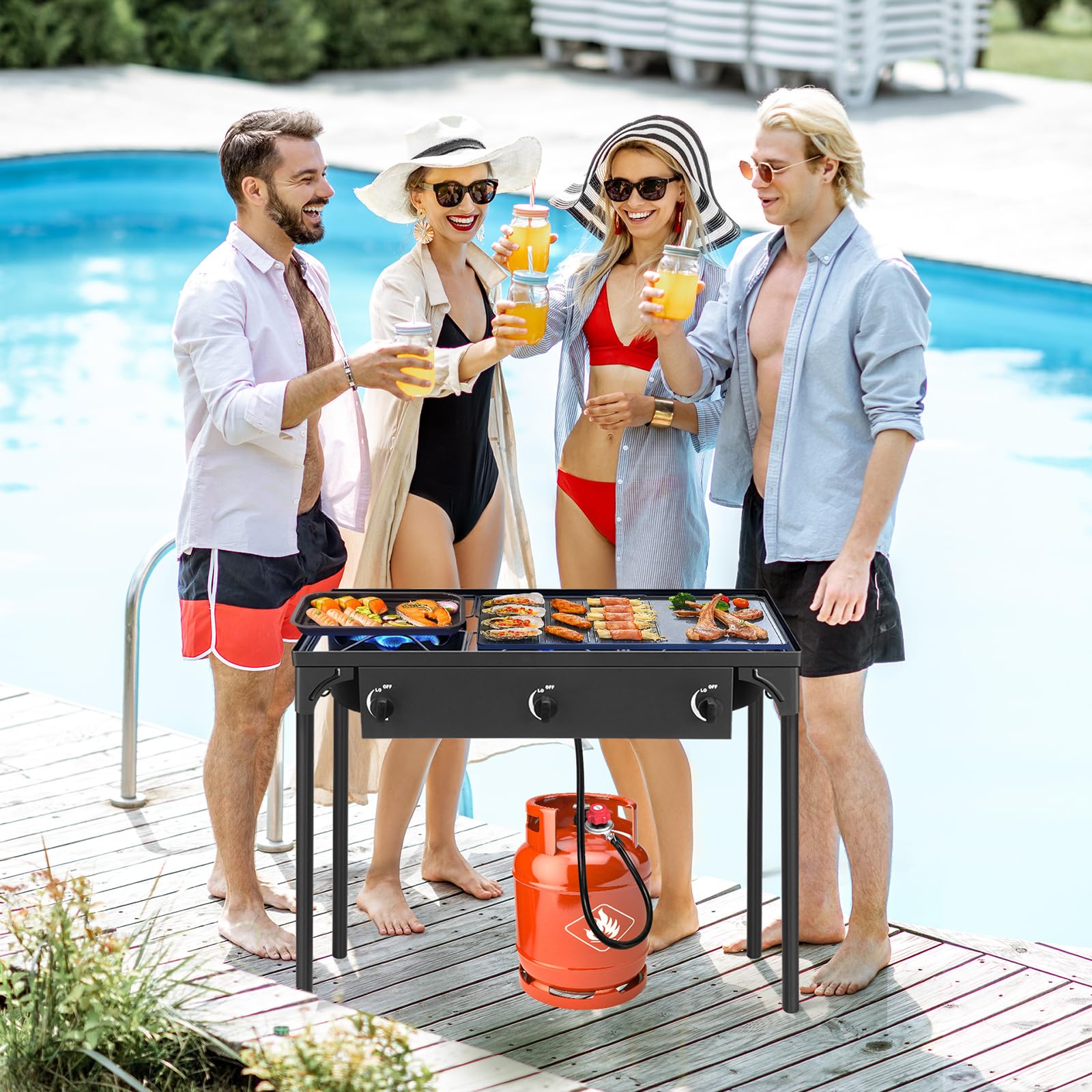 GEEKHOM 3-Burner Stove & Outdoor Grill Combo - 225K BTU Portable Camping Cooker with Removable Legs | Picnic Cooker Perfect for Home Brewing Maple Syrup Patio Turkey Frying Canning