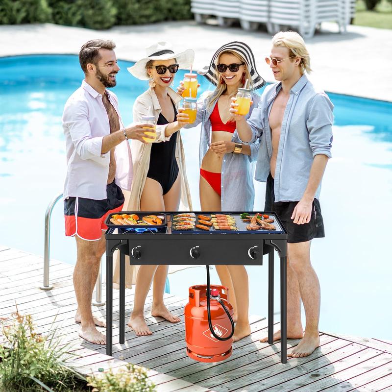 GEEKHOM 3-Burner Stove & Outdoor Grill Combo - 225K BTU Portable Camping Cooker with Removable Legs | Picnic Cooker Perfect for Home Brewing Maple Syrup Patio Turkey Frying Canning