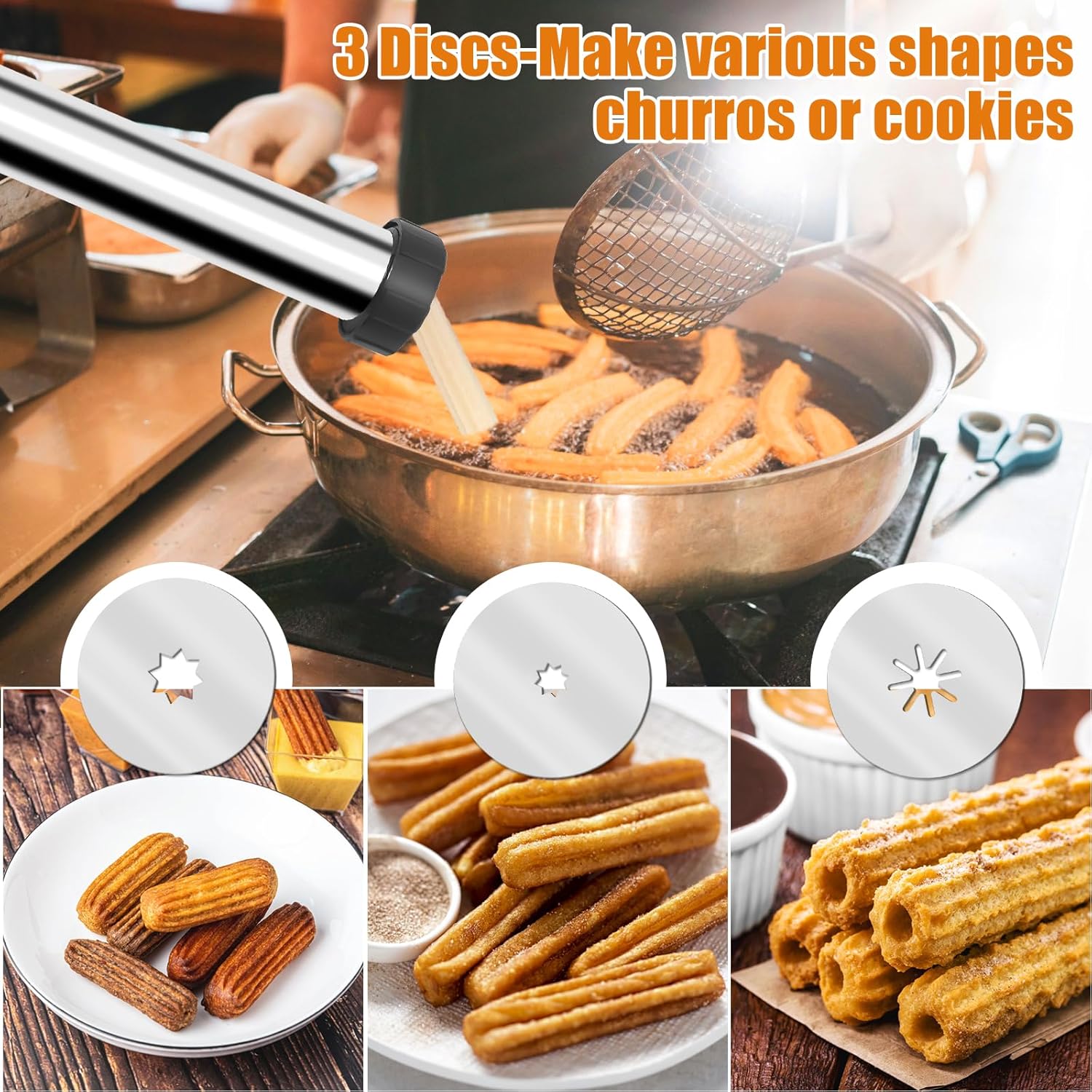 Churro Maker Machine,  Churro Maker Kits Including Stainless Steel Churro Maker, Piping Bag with Churro Piping Tip, 4 Nozzles, 2 Brushes, 3 Discs for Homemade Different Shape Churros, Cookie