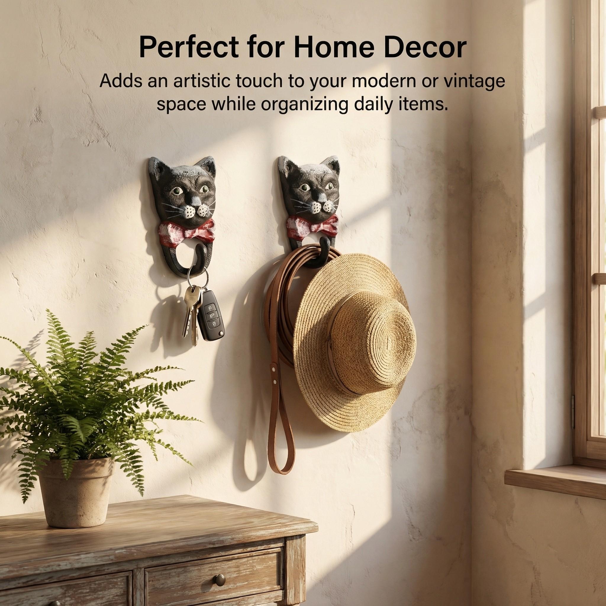 Vintage Cast Iron Cat Hook, Entryway Key Holder, Cute Bow Tie Cat Decorative Coat Hanger, Pet Leash Hanging Hook