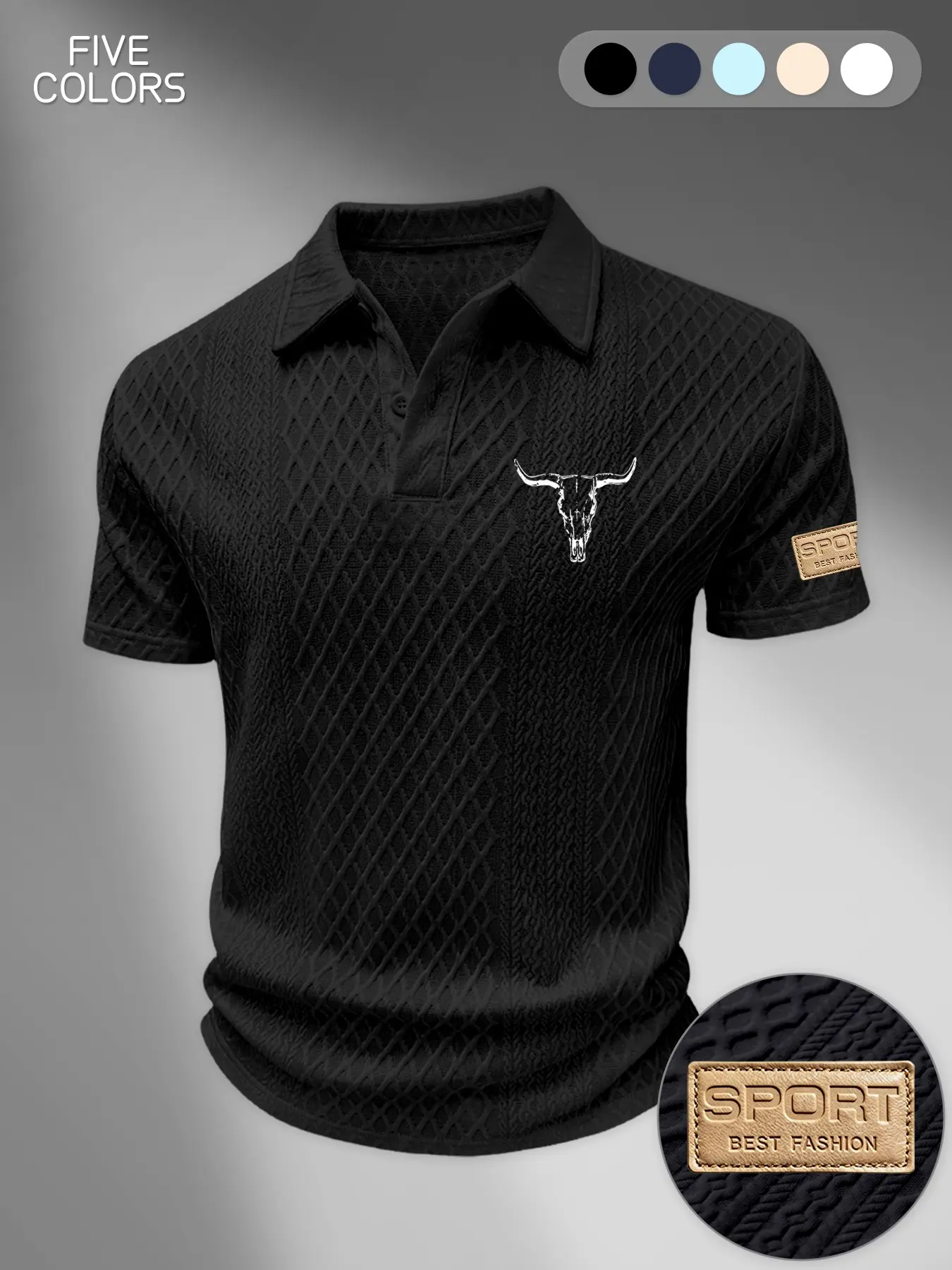Men's Textured Bull Icon Print Polo Shirt, Summer Breathable Business Commute Sport Short Sleeve, Lightweight Fitted Collar T-Shirt, Summer Polos, Mens Polo Shirts