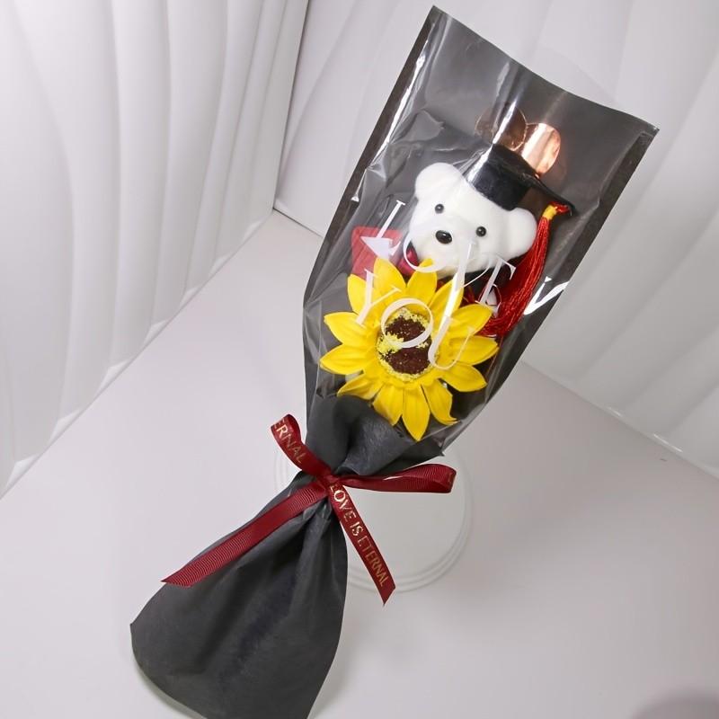 1pc of Bear Wearing a Graduation Cap with Golden Heart Wrapping Paper Bouquet, Realistic Sunflower Bouquet, a Gift for Friends, Classmates, Or Girlfriends During Graduation Season Parties
