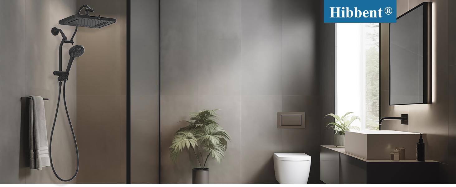 Hibbent Upgraded 5-spray 13'' Shower Head for Easy Reach, High Pressure Rainfall Showerhead Combo with 10-mode Handheld Spray, 12'' Extension Arm, 4-way Diverter, 71'' Hose, Showerhead Holder, Black