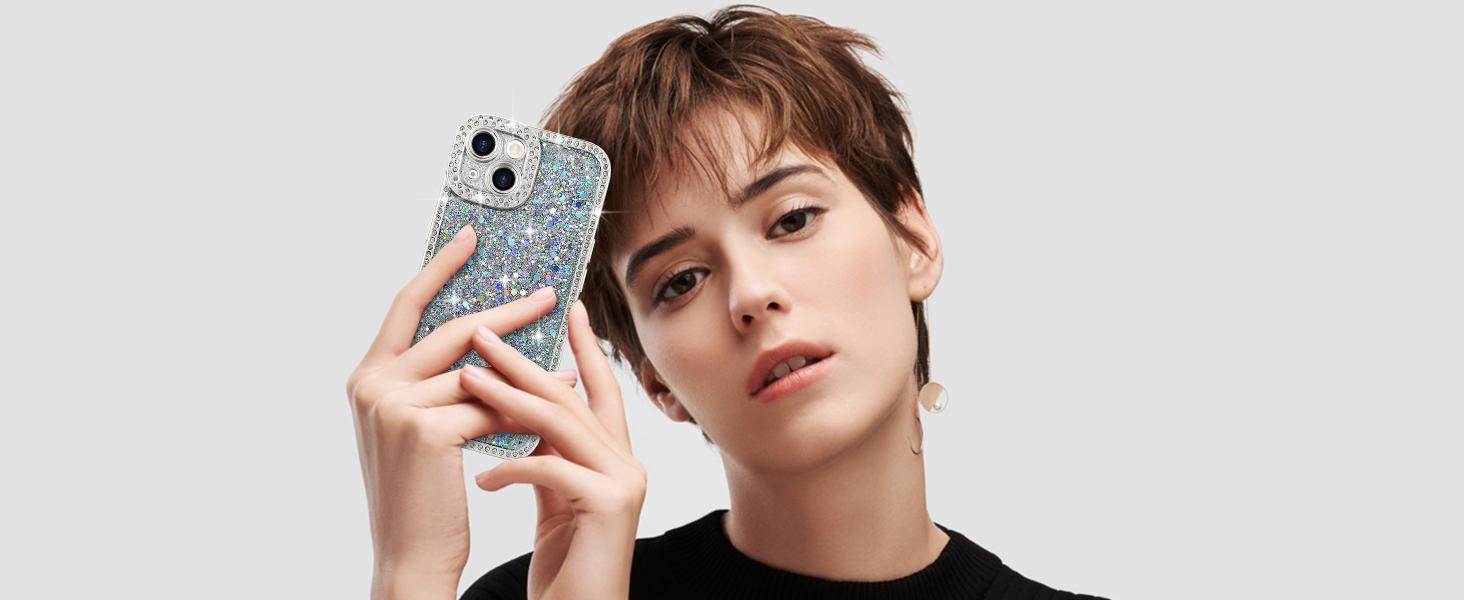 Lafunda for iPhone 13 Case Glitter, Luxury Shiny Bling Sparkly Phone Cover with Crystal Diamonds Rhinestone for Women Girls Soft TPU Slim Shockproof Protective Phone Case for iPhone 13 6.1", Pink