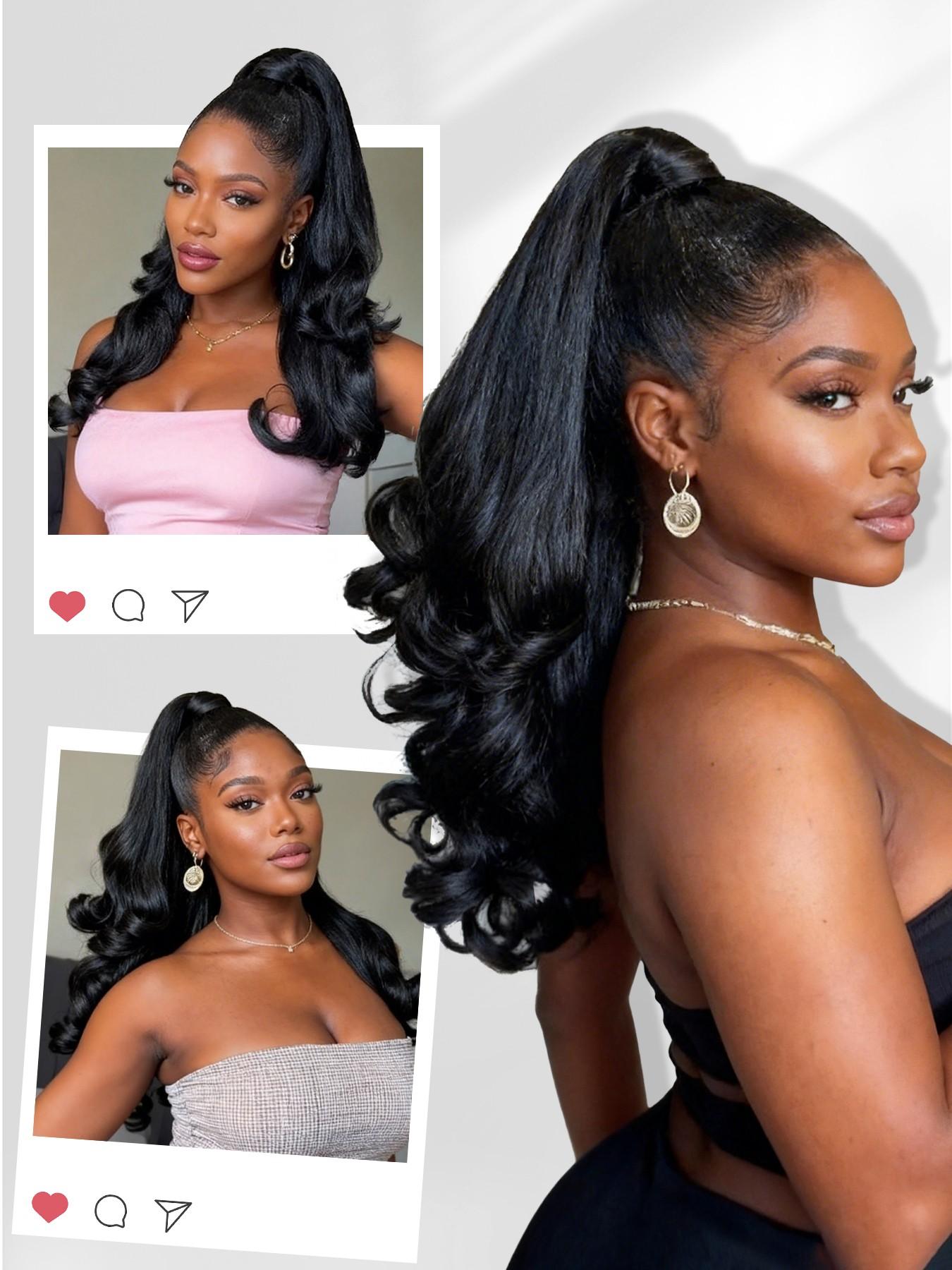 2 PCS Half Up Half Down Ponytail Extension Set  Fake Ponytail Soft Synthetic Hairpiece for Women Long Thick Clip in Hair Extensions Wavy Fuller High Wrap Around