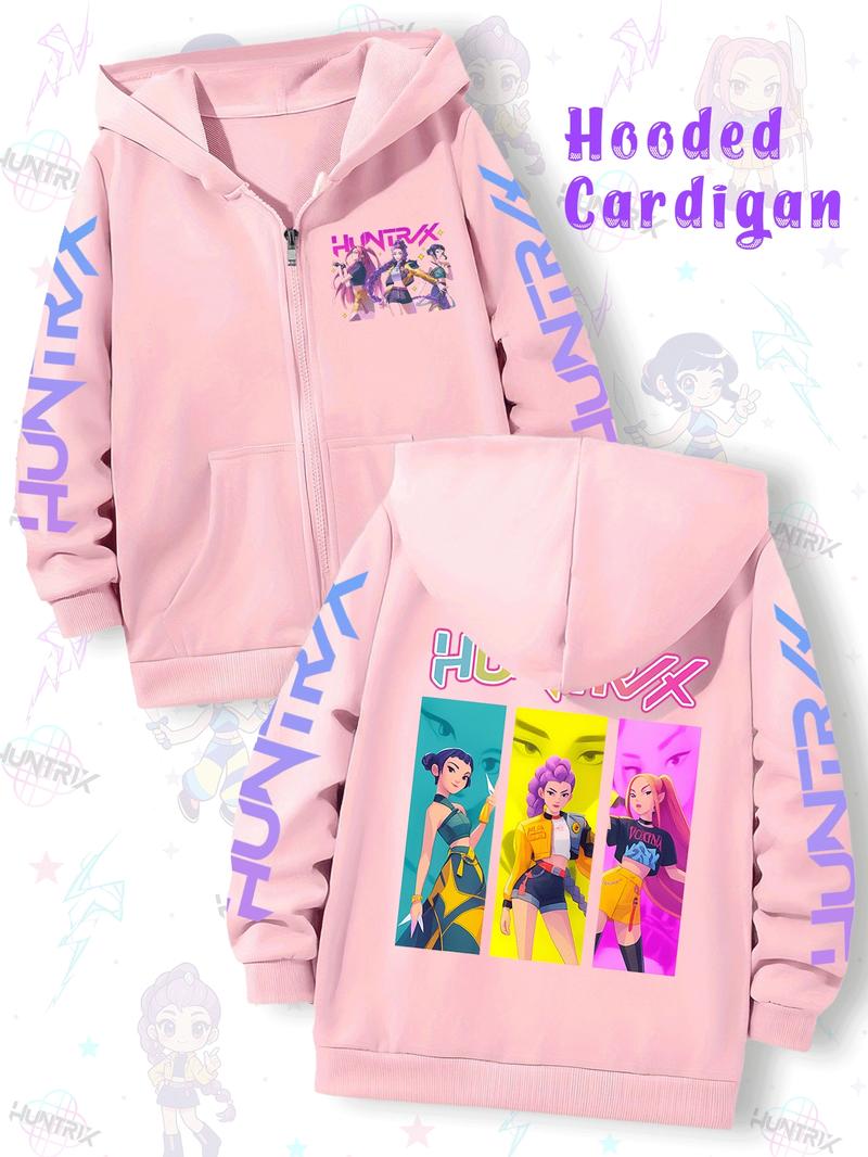 Girls' Kpop Demon Hunters Graphic Casual Hoodie Jacket, Cartoon Print Zipper Sweatshirt, Fall & Winter Fashion, Comfortable Kids Clothing