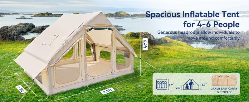 Lilypelle Inflatable Tents for Camping, Blow Up Tent with Hand Pump, Easy Setup Inflatable Hot Tent with Stove Jack, Waterproof Oxford Air Glamping Tents for Camping Adult 4-6 Person