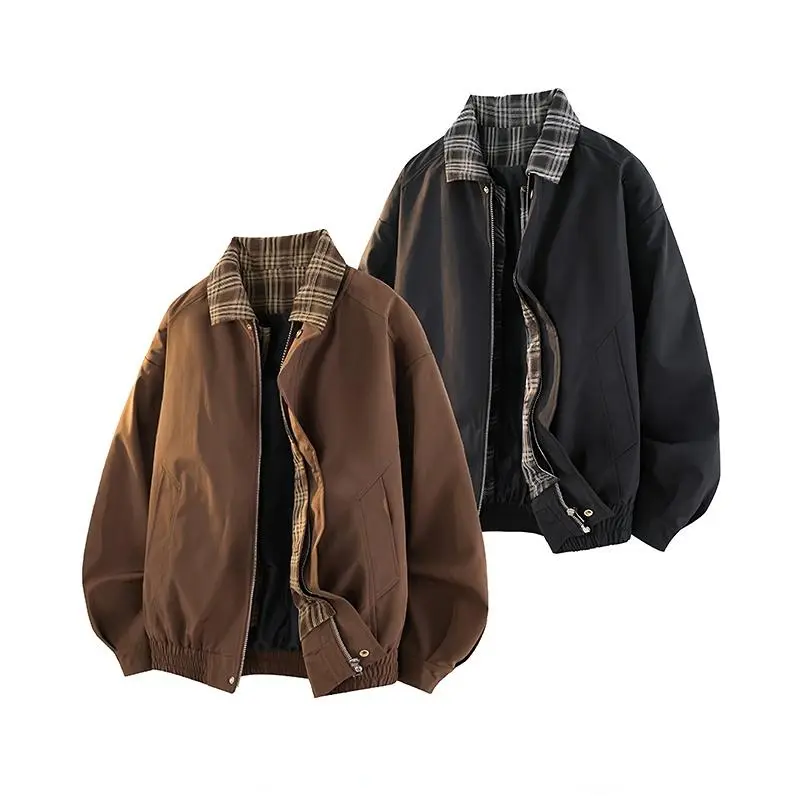 Men's Spring And Autumn Vintage Plaid Fake Two-Piece Brown Jacket, Workwear Lapel Coat, Spliced Flight Baseball Uniform, Suitable For Men's Daily And Outdoor Wear, Men's Lapel Collar Sleeveless Sports Long Sleeve Jacket