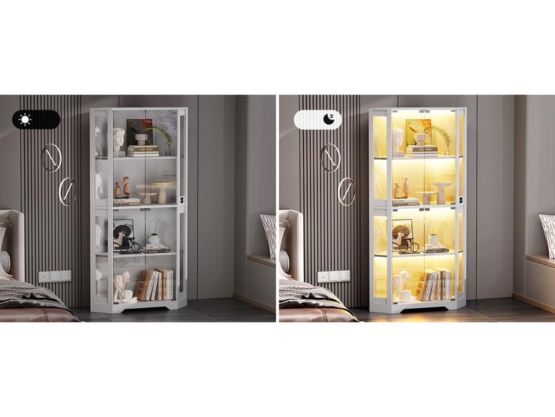 BROTTAR Corner Display Cabinet with Glass Doors, 65" Lighted Curio Display Case with 3 Color Lights for Collectibles, 4-Tier Corner Display Case with Human Body Sensor for Living Room,Large Storage Capacity, White