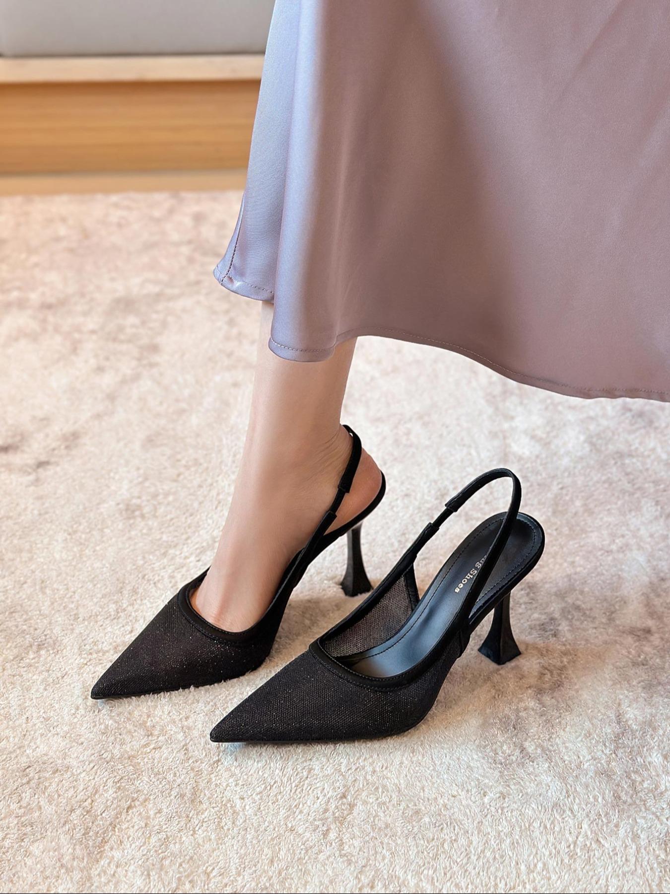 Women's Solid Color Pointed Toe High Heel Shoes, Ankle Strap Heels, Elegant Fashionable Heels for Party, Daily Clothing Decor, Back Empty Versatile Shoes for Women, Footwear