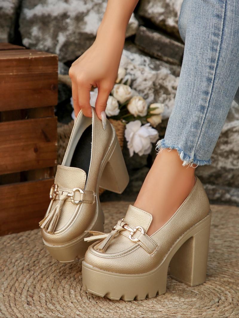 Women's Fashion Elegant Classic High Heels, Metal Decor Faux Fur Design, Stage Style Thick Sole Punk Shoes, All Season Wedding Comfortable Wear