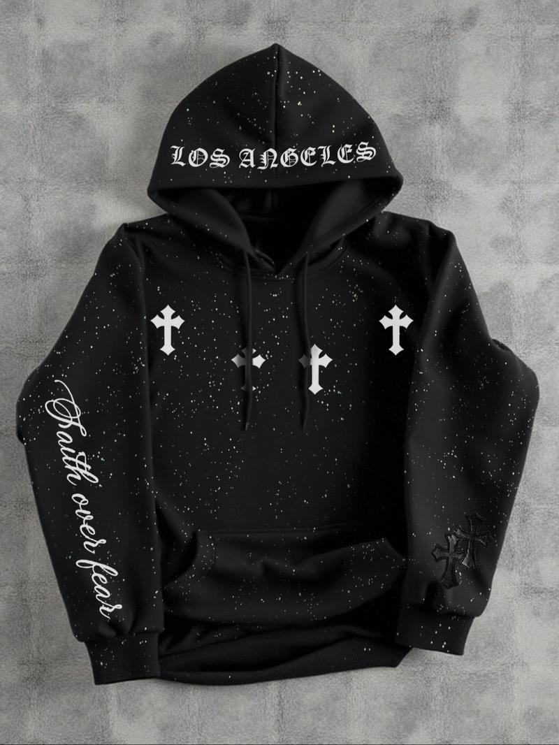 Men's Hooded Sweatshirt, Dark Gothic Cross Element Hooded Sweatshirt, Starry Sky Dyeing Process Pullover, Kangaroo Pocket,  Casual Regular Loose Drawstring Hooded Sweatshirt, Suitable For Daily Vacation Outdoor Wear, Fall Outfits & Winter Outfits
