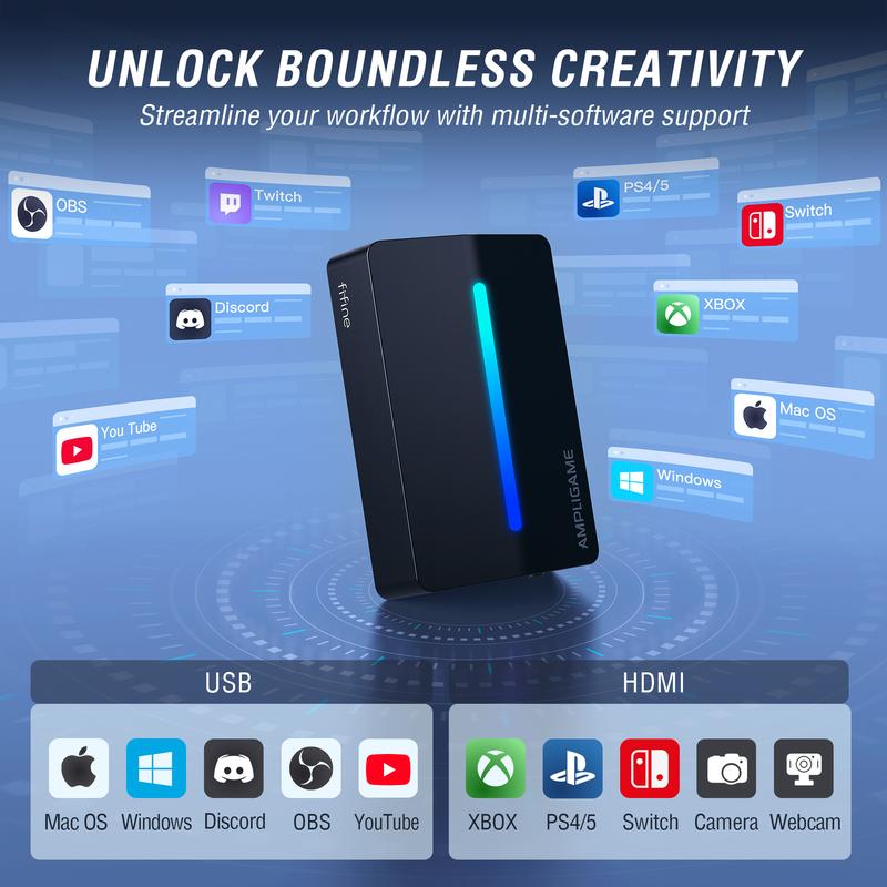 FIFINE AmpliGame Video Capture Card, HD 1080 60fps for Audio Video, Gaming, Live Streaming, HDMI to USB Capture Card Compatible with PS4/Windows/Mac OS/Switch/Xbox, - Ampligame V3