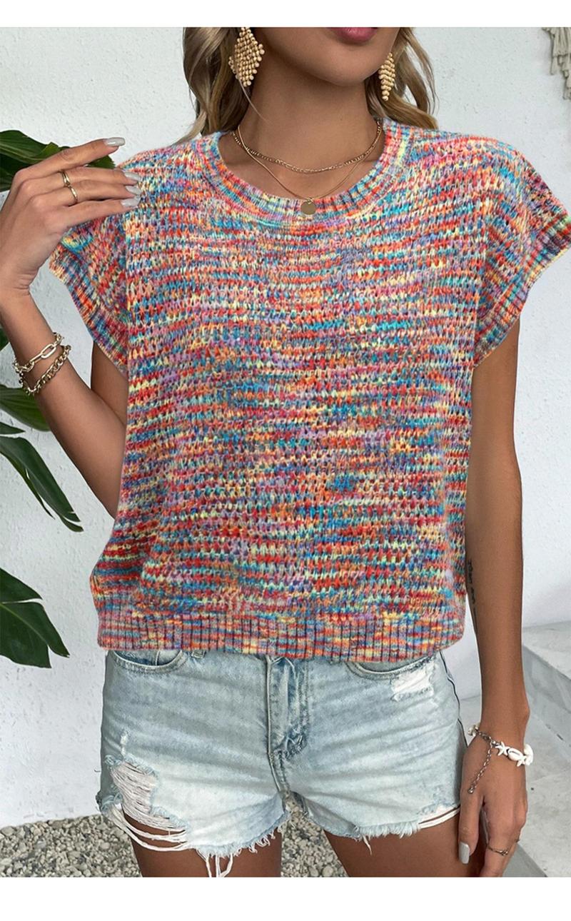 Women's Striped Knitted Vest Top, Round Neck Cap Sleeve Casual Loose Fit, Elegant Summer Fashion, Versatile Women's Knitwear