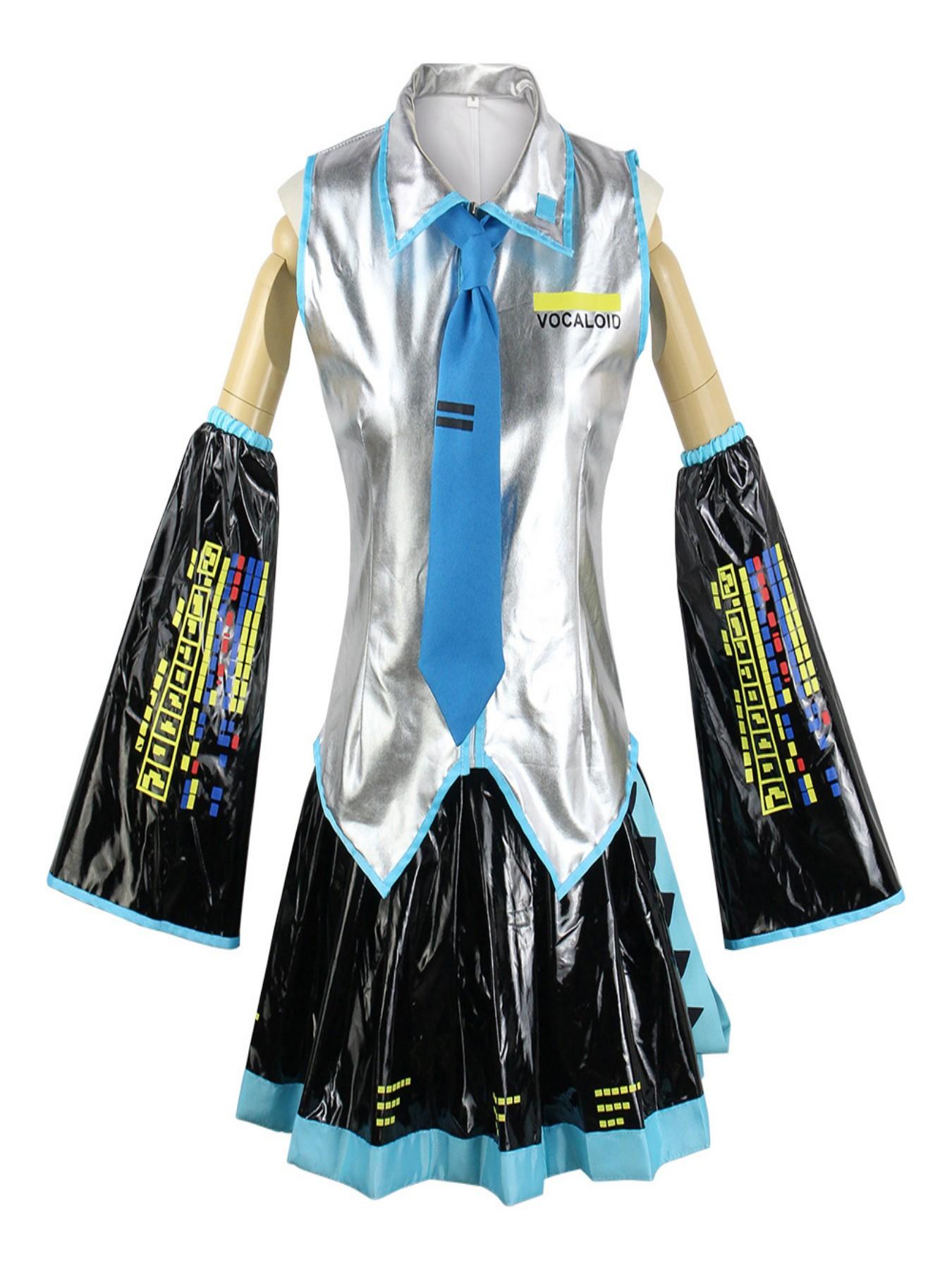 Miku Cosplay Full Set Silver Leather Fabric Suit Miku Cosplay Headwear Costume Outfit JK Sailor Dress High School Uniform Hallow