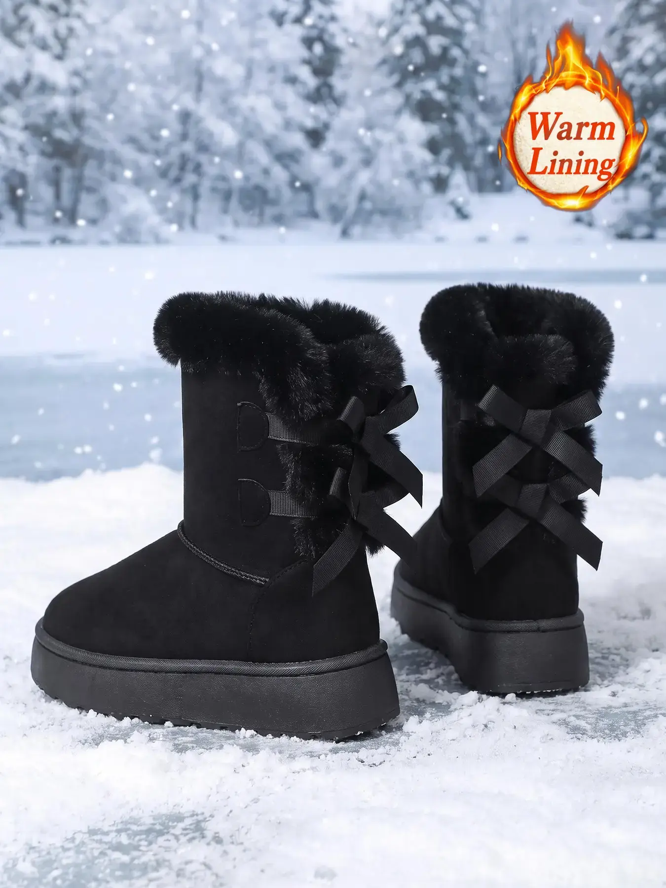 Round‑toe platform mid‑calf snow boots with fuzzy cuff and back bow decor, plush lined, sweet warm women winter boots, Furry Boots