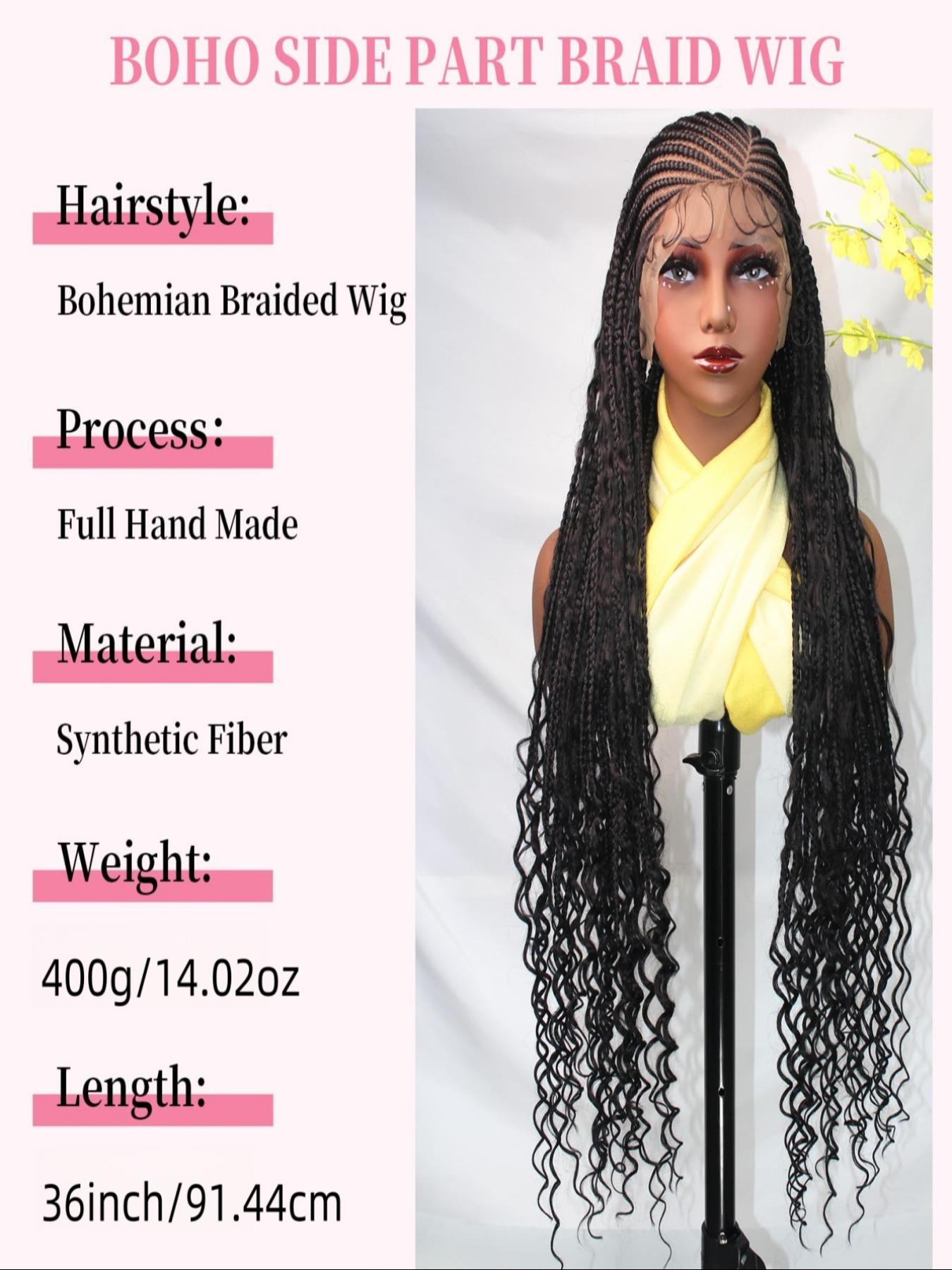 Boho Style 36 Inch Braided Wigs for Women, HD Full Lace Side Part, Synthetic Heat Resistant Fiber, Handmade Braids for Daily Wear