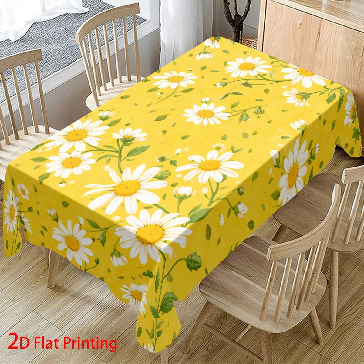 Floral Tablecloth, Bright Daisies, Easy-Clean Polyester, Rectangular Dining Table Cover, Party, Wedding, Home Decor