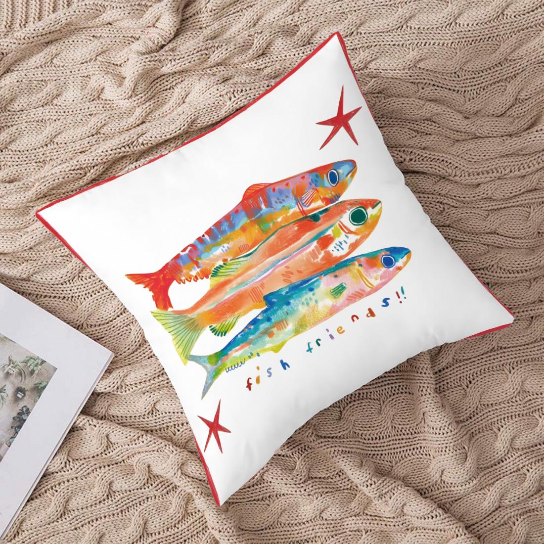 Three Fish Colorful Illustration Pillow Cover, Single-Sided Print, Home Decor for Living Room Bedroom, No Insert Included