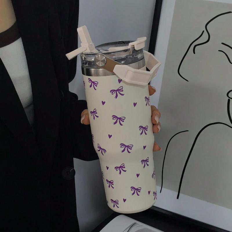 Butterfly & Heart Pattern Vacuum Flask, Large Capacity Water Bottle with Straw & Handle, Summer Cool Bottle Drinking Cup for Home Office School Outdoor, Drinkware #TOP PICKS