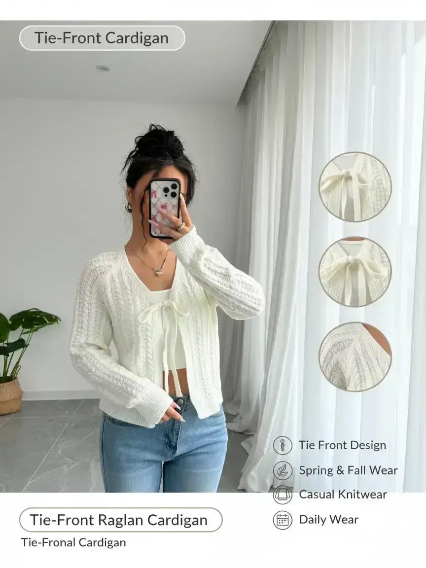 Women's Solid Tie Front Raglan Sleeve Sweater Cardigan, Casual Long Sleeve Cardigan for Spring & Fall, Fashion Women's Knitwear for Daily Wear