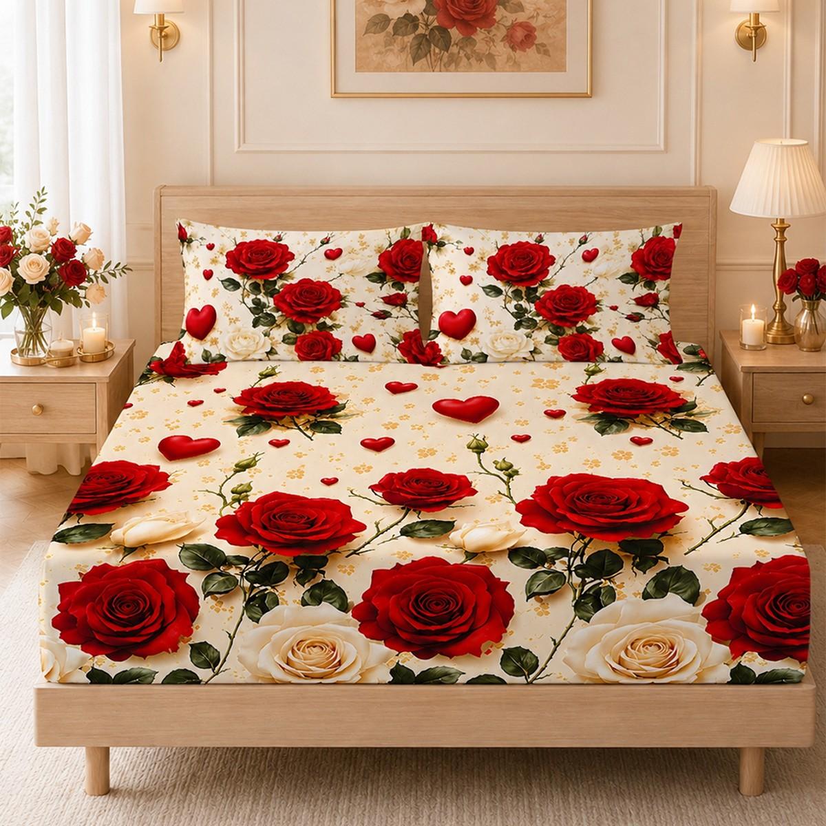 3pcs Three-piece fitted sheet set with red rose and heart floral print. Includes one fitted sheet and two pillowcases (pillow inserts not included). Soft, comfortable, and breathable. Available in multiple sizes. Suitable for master bedrooms, guest rooms
