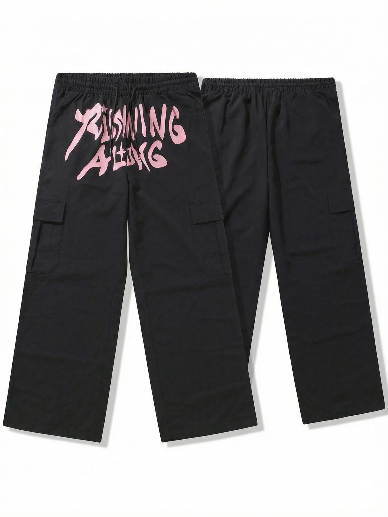 "Men's Black Pink Graffiti Graphic Wide Leg Cargo Pants | Y2K Streetwear Drawstring Casual Trousers for Daily Wear"