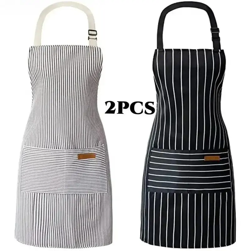 2 Pack Striped Cotton Chef Apron for Men Women, Adjustable Neck Strap with Convenient Front Pockets, Soft Comfort Kitchen Apron, Multi-use Wear for Cooking, Baking and Outdoor Camping Food Prep