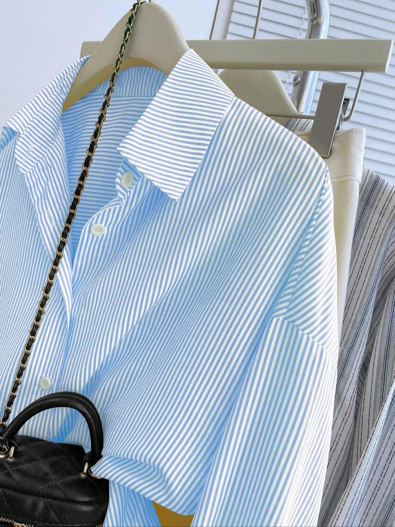 Elegant Women's Blue Striped Shirt, Loose Fit Casual Fashion Top, Versatile Daily Wear for Work & Leisure, Stylish Ladies' Clothing