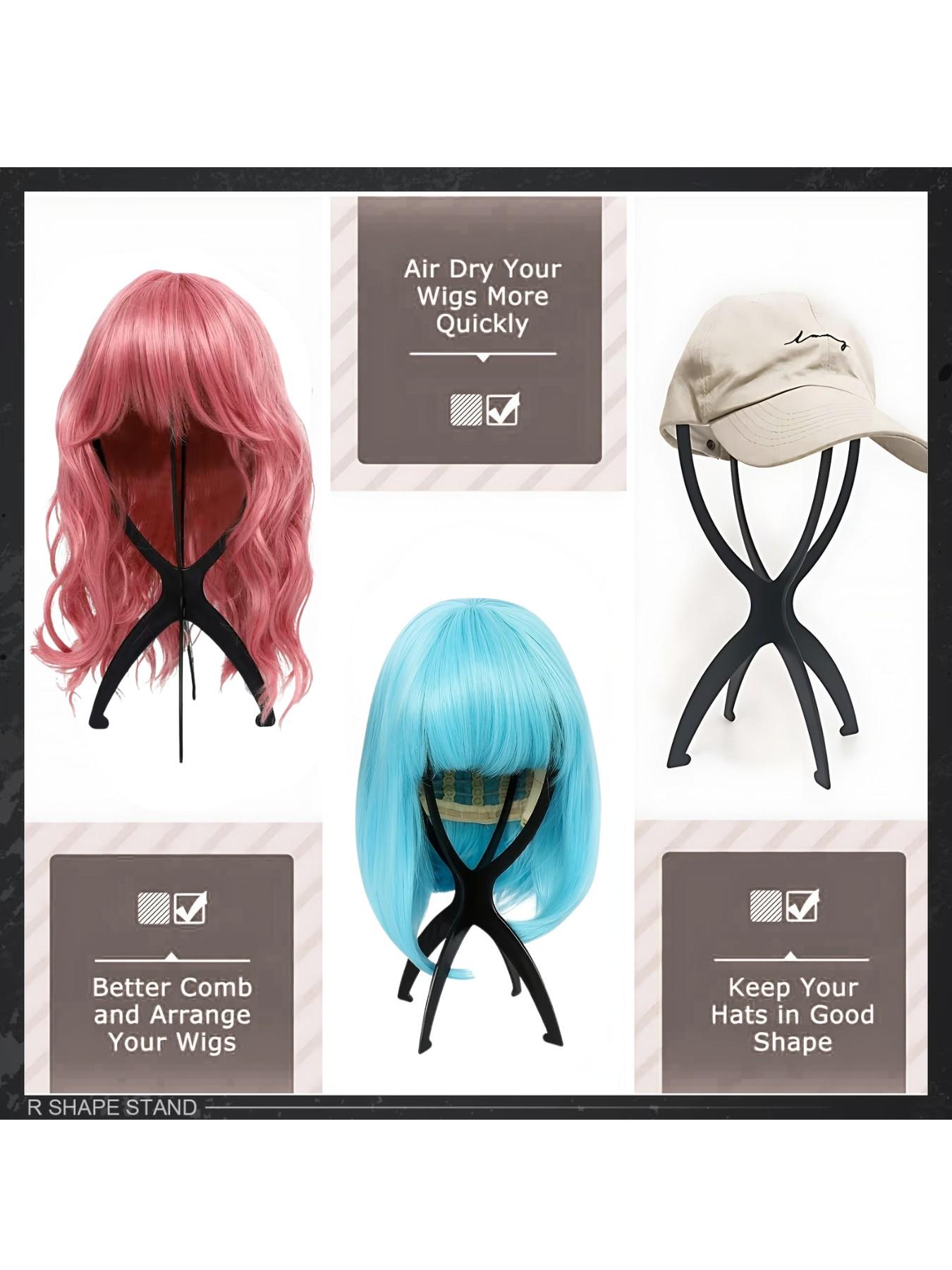 3Pcs wig stands, black and pink, suitable for multiple wigs and hats, wig stands, ideal for travel, Portable, display, wig styling, foldable wig rack, Foldable Design, durable wig display tool, Durable Material, suitable for all wigs travel wig rack