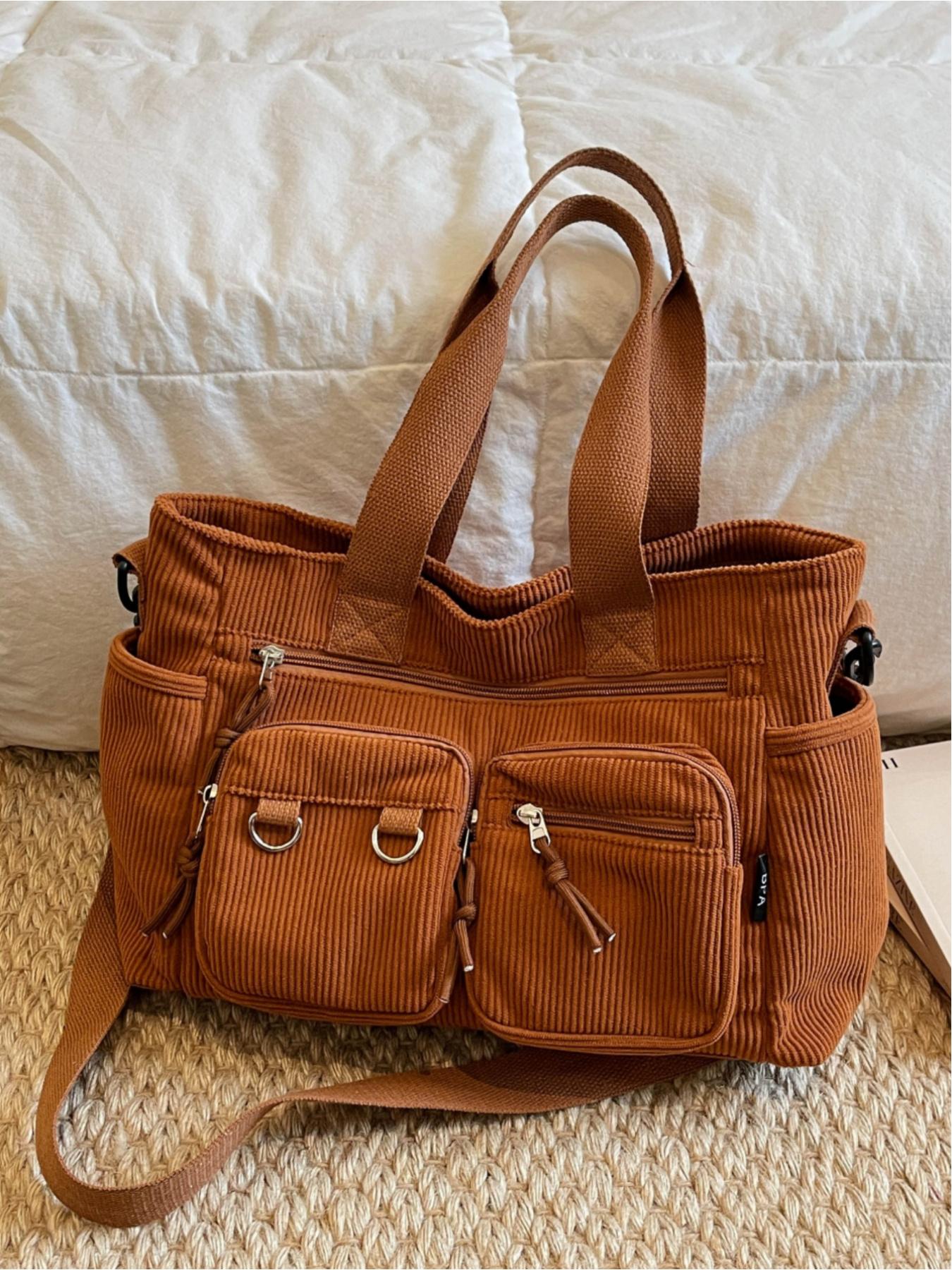 Corduroy multi-pocket large-capacity tote bag, Commuter Tote Bag, casual and versatile, suitable for shopping, school, work, commuting, and everyday accessories