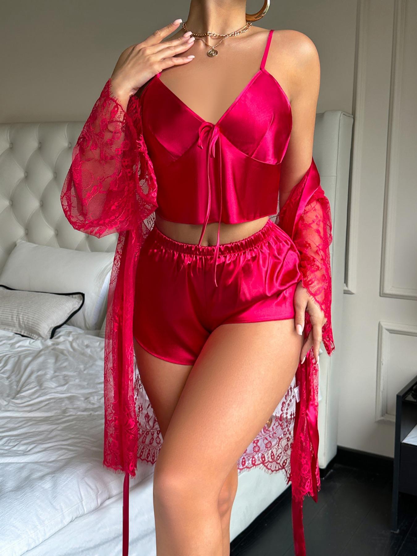 Women's Sheer Mesh Robe Lingerie Set, Sexy Plain Color Spaghetti Strap Shorts Three-Piece Suit, All-Season Fashion Sleepwear for Women