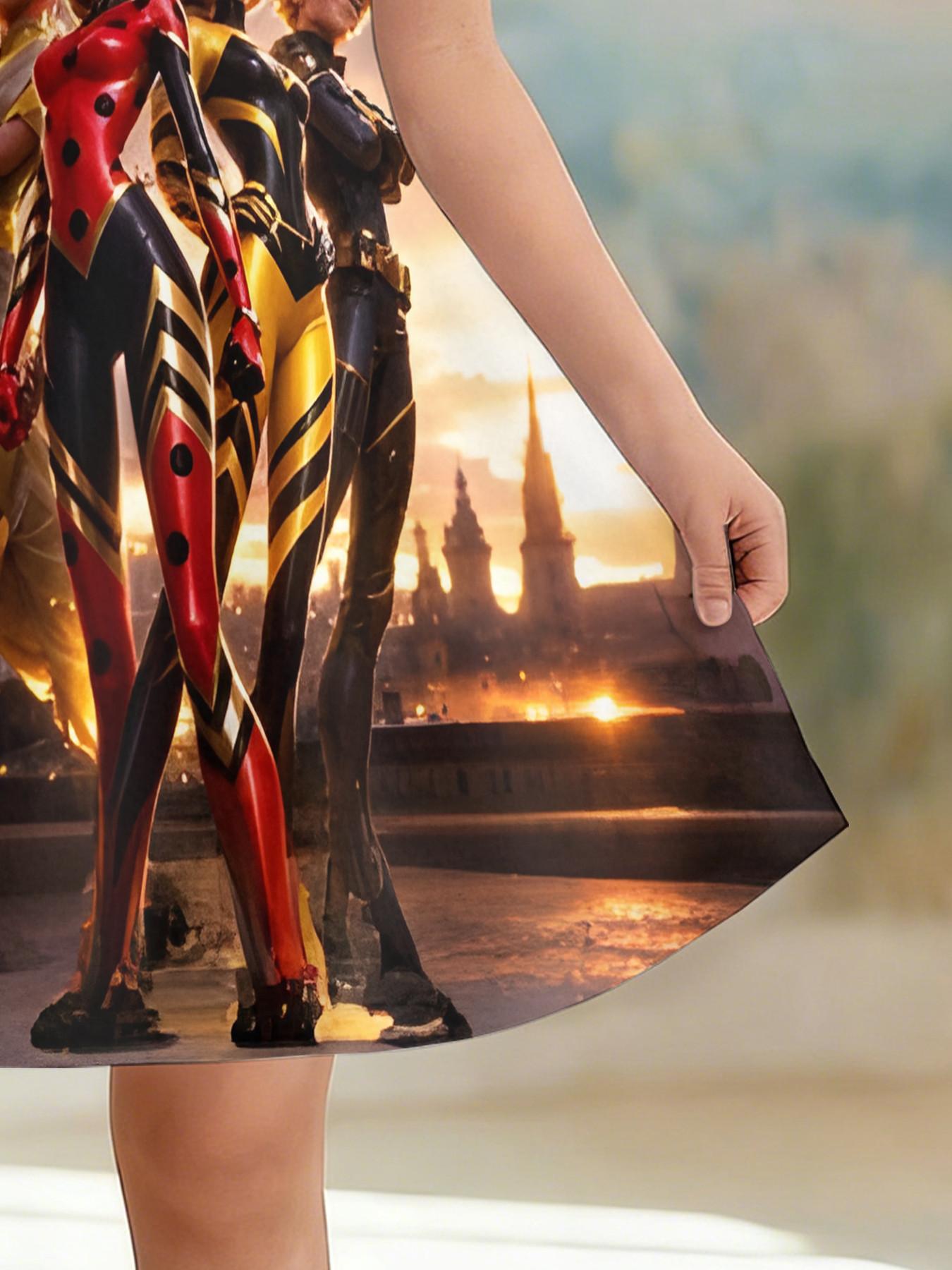 Girls' 3D Short Sleeve Dress, Miraculous Ladybug Full Print, Perfect for Parties, Festive Gifts, Birthday Presents, Casual Style