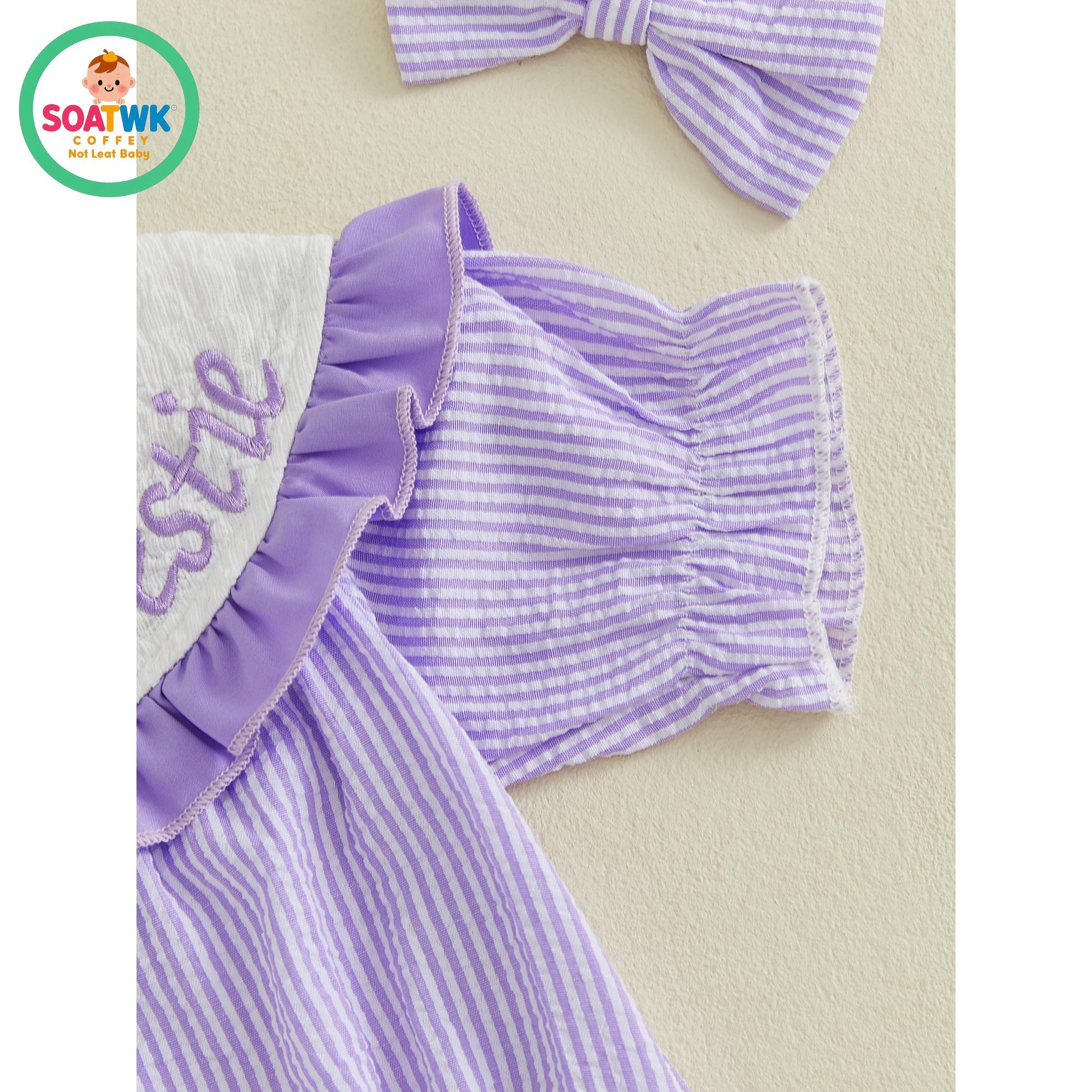 Baby Girl Summer Outfit Striped Letter Embroidered Puff Sleeve Bubble Romper and Bow Headband 2 Piece Set