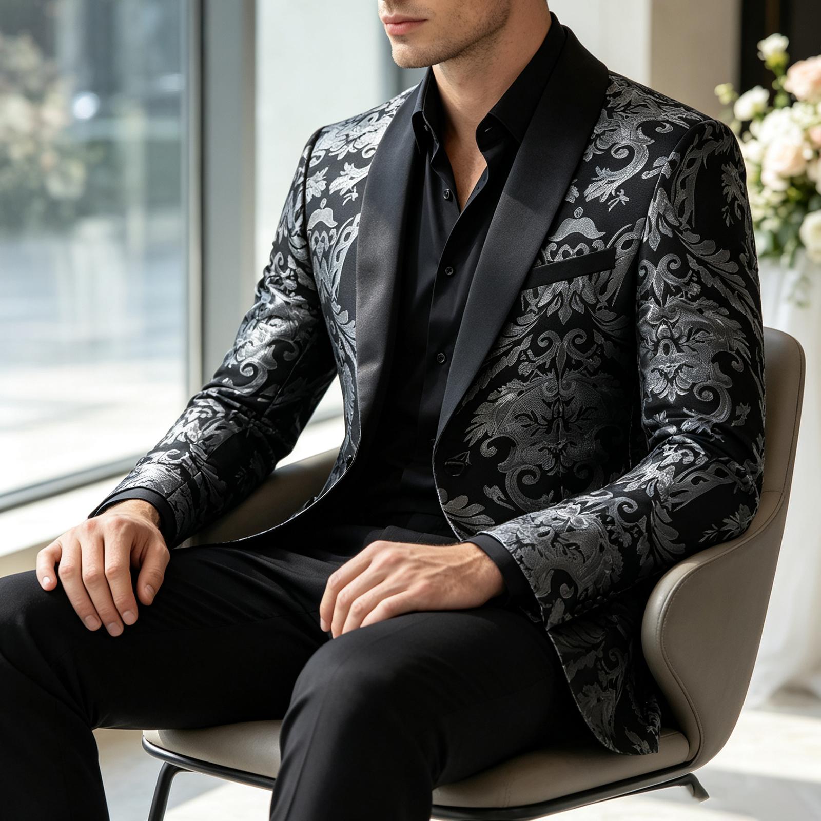 Men's 2-Piece Slim Fit Floral Jacquard Formal Tuxedo Set - Shawl Collar Long-Sleeve Button-Front Blazer & Matching Trouser for Wedding, Prom