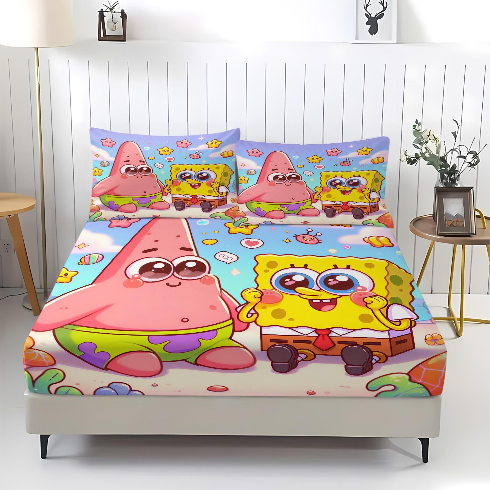 3 Piece Spongebob Pattern Fitted Sheet Set, Soft And Durable Bedding Set Includes 1 Piece Flat Sheet And 2 Pieces Pillowcases, Daily Holiday Birthday Gift Bedroom Decorations For Kids And Adults