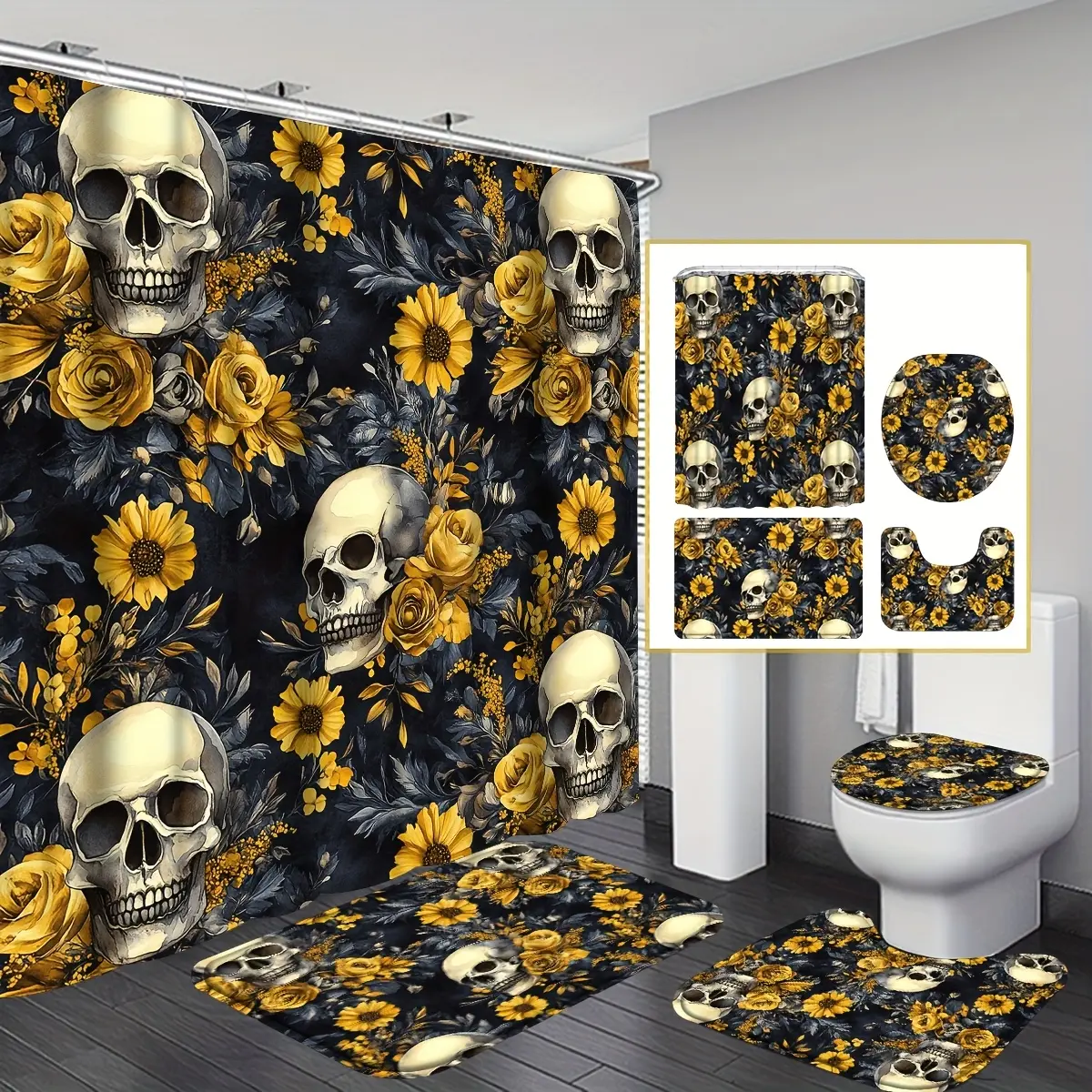 4pcs Creative Skull with Sunflowers Shower Curtain Set, Retro Halloween Folk Art Style Skull Sunflower Pattern Bathroom Sets, Shower Curtain Bathroom Decor with 12 Hooks, Bathroom Floor Mats, Toilet Seat Cover And U-Shaped Mats