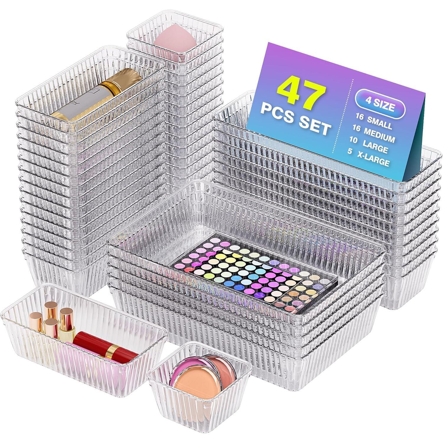 15 count Clear Plastic Drawer Organizer Set, Makeup Organizer Trays