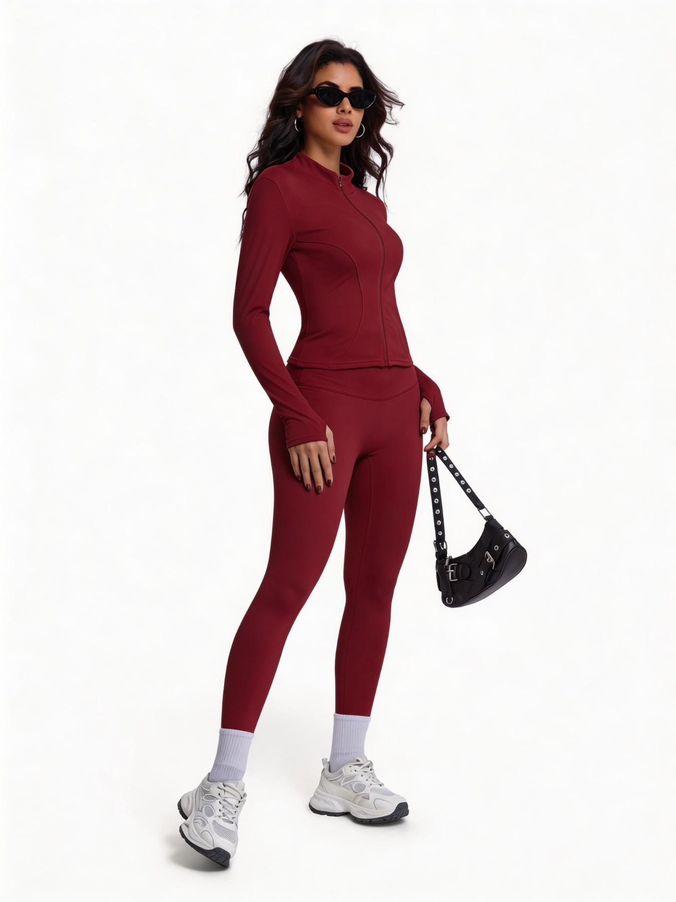 Women's Two-Piece Sport Set, Long Sleeve Zipper Yoga Jacket & High-Waist Tight Pants, Slim Fit, Fall Winter, Gym Running Fitness