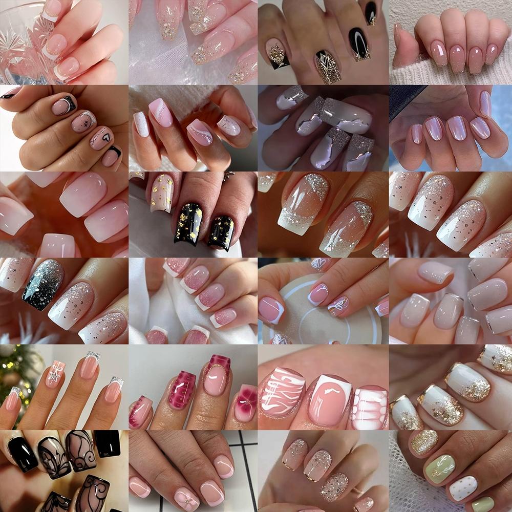 576pcs Short Square Glossy French Nail Art Stickers, Sparkle Gold