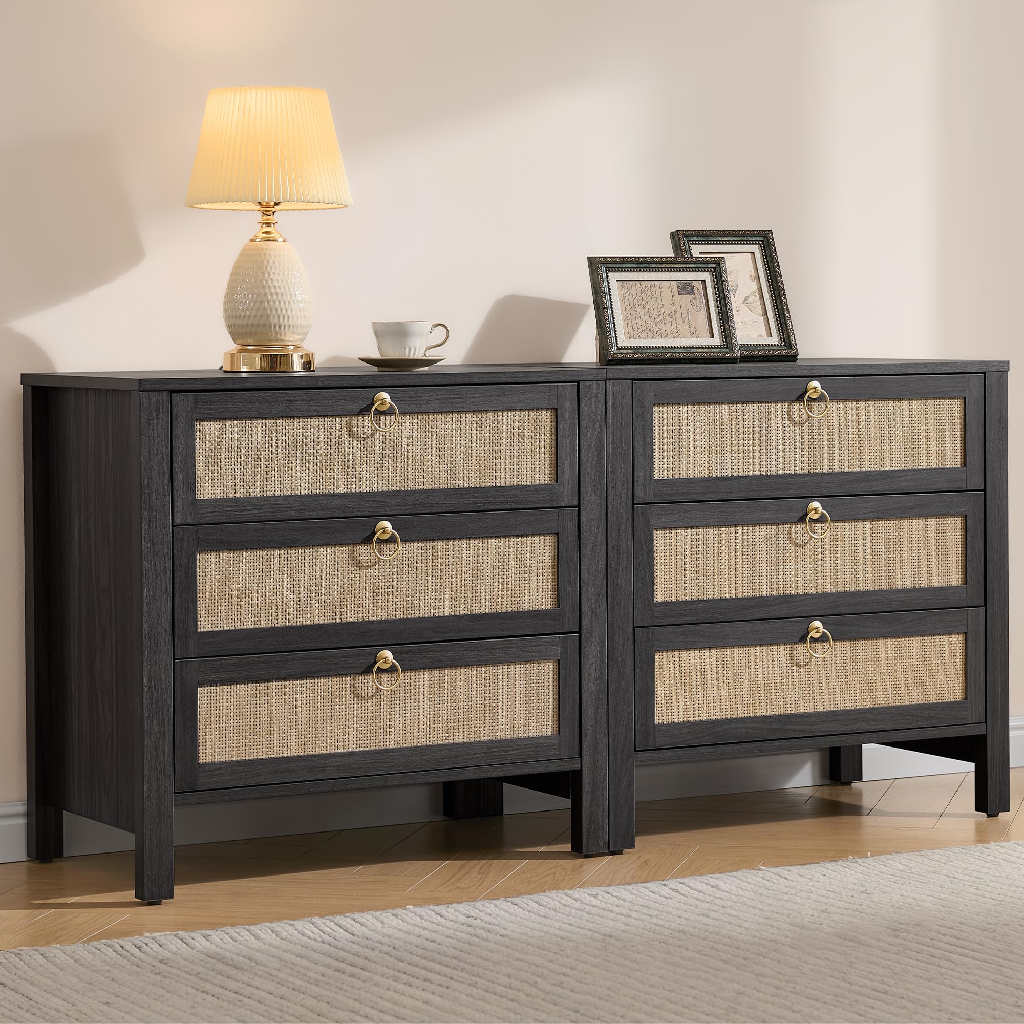 SICOTAS White Night Stand with Drawers - 15.55"D x 26.78"W x 25.67"H Rattan Bedside Table with Golden Handle, 3 Drawers Nightstand Side Table Boho Nightstand for Bedroom, Perfect for Any Bedroom, Durable and Stable