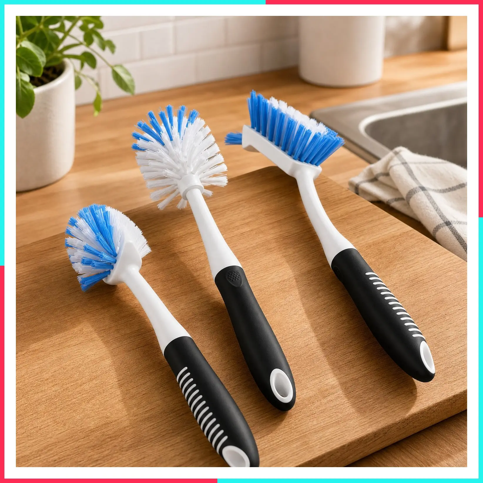3 Pack Dish Brush Set, Long Handle Kitchen Scrub Brush (Black Blue) with Built-in Scraper Tip, Non-Slip Rubber Handle, PET Stiff Bristles, Hanging Loop for Storage, for Dishes, Pots, Pans, Bottles