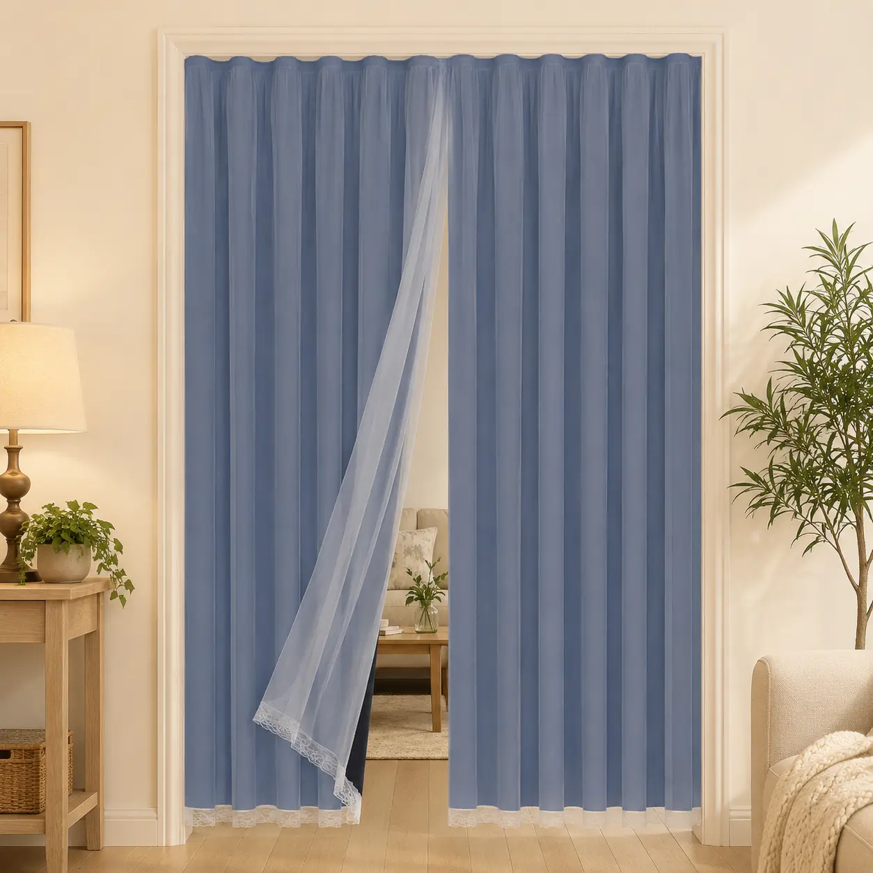 Layered Privacy Door Curtain, Blackout Fabric with Sheer Panel, Easy-Install Room Divider for Bedroom, Closet & Open Doorways