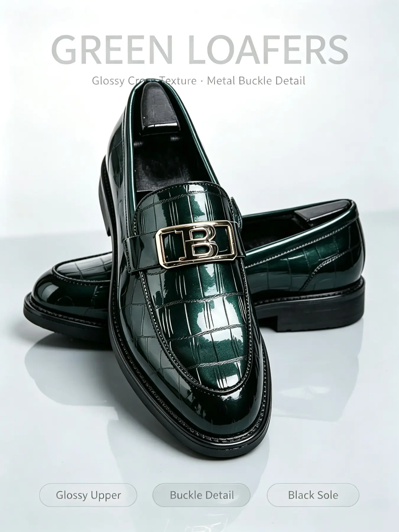 Men's Casual Business Shoes, Metal Decoration, PU Upper, Rubber Sole, All Seasons, Perfect for Office, Weddings, Interviews