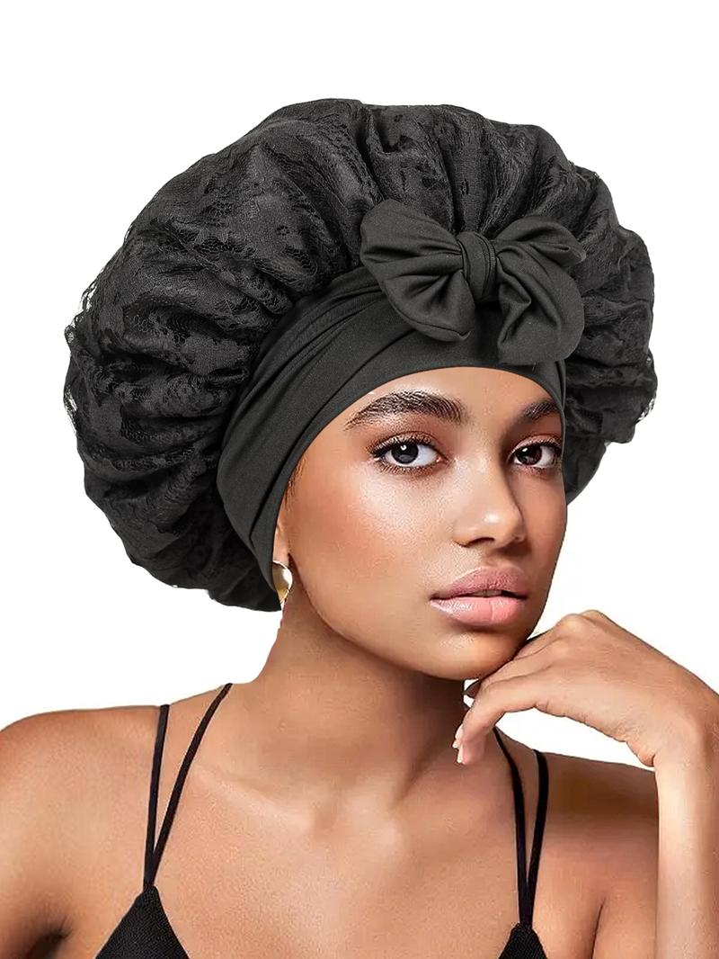 Women's Bonnet Pure Color Lace Design, Hollow Out Pattern, Double Layer Satin Sleep Cap, Non-Slip Hair Care Hat for All Hairstyles