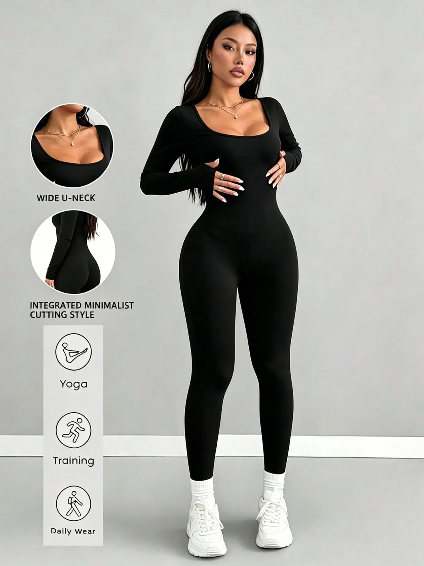 Women's One-Piece Pants, U-Neck Solid Color, Fashionable and Comfortable, Elastic Knit Long Sleeve, Perfect for Outdoor Activities, Stretchy Sports Jumpsuit, Workout Jumpsuits, Yoga Workout Jumpsuits
