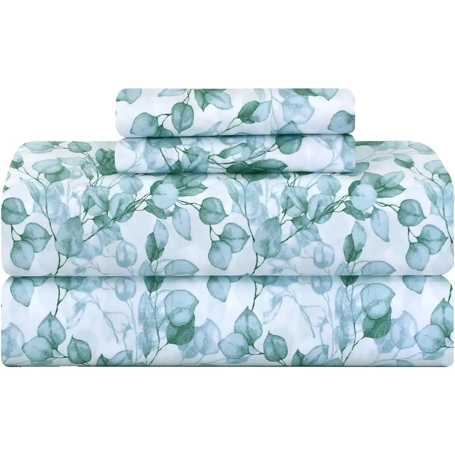 Printed 500 TC Queen Size 4pc Damask Bed Sheet Set, 100% Soft Cotton Breathable Bedsheets, 18" Deep Pockets Sateen Weave Striped Bedding Resort Hotel Luxury - Green Leaf